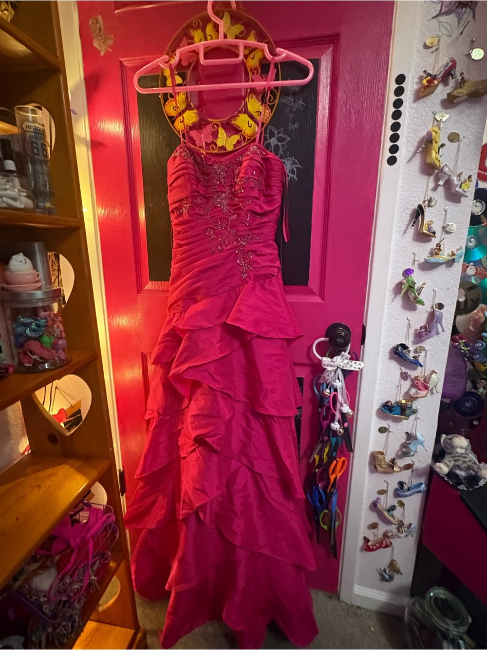 Girls' Hot Pink Ruffled Party Dress with Beaded Bodice